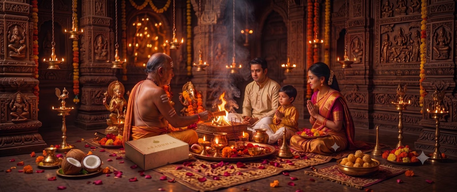 A family seated around a lit havan while the pandit performs the puja