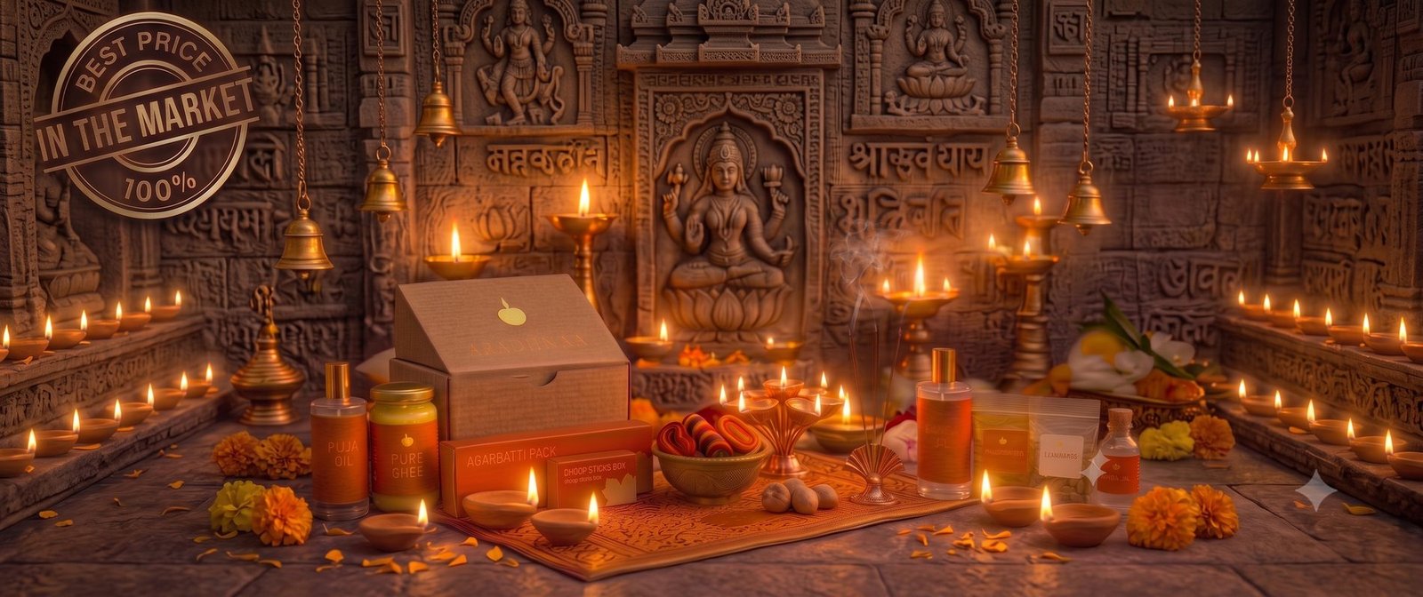 A festival altar lit with rows of diyas, an Aradhnaa kit open in front